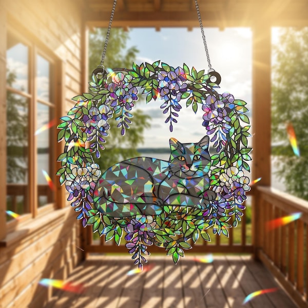 Grey Cat Hologram Window Hanging: Floral Rainbow Decor