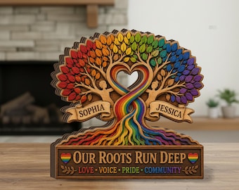 Plaque en bois personnalisée arbre arc-en-ciel : décoration de table personnalisée fierté LGBTQ