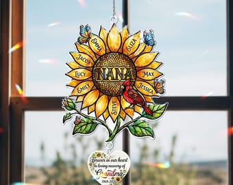 パーソナライズされたホログラムの窓飾り：カスタムひまわりサンキャッチャー、おばあちゃんの追悼チャーム