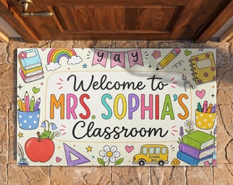 Personalized Classroom Doormat: Custom Teacher Name, Colorful Doodle Art