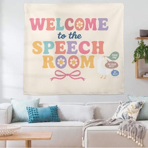 Willkommen im Speech Room Tapisserie - Klassenzimmer-Wanddekoration für SLPs, Therapiebüro, Motivationsbanner für Sprachpathologen