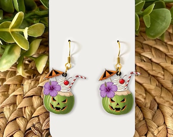Tropical Halloween Pumpkin Earrings | Spooky Cocktail Drink Jewelry | Fun Summer Fall Earrings | Cute Halloween Coconut Cocktail Gift
