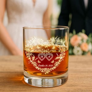Personalized Wedding Whiskey Glass, Engraved Floral Heart with Cranes, Custom Initials & Date, Anniversary Gift for Couple