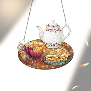 Holographic Autumn Tea Set Window Hanging: Fall Decor Sun Catcher