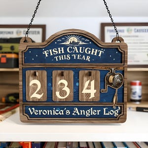 May include: Wooden fishing log sign with the text "FISH CAUGHT THIS YEAR" and "Veronica's Angler Log". The sign displays the numbers 234, a fishing reel, and a boat illustration. The sign is hanging from a chain.