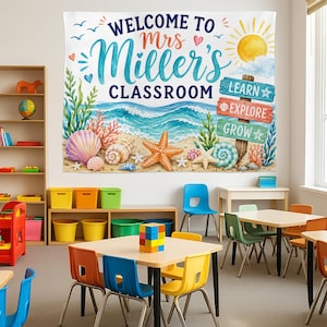 May include: A rectangular wall tapestry featuring a beach scene with the text "WELCOME TO Mrs Miller's CLASSROOM". The design includes a yellow sun, blue ocean waves, sand, seashells, a starfish, and three wooden signs labeled "LEARN", "EXPLORE", and "GROW".
