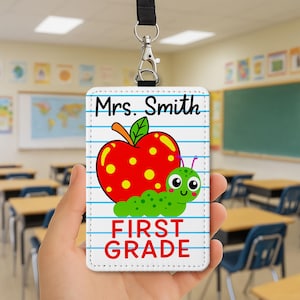 Porte-bobine personnalisé pour badge d'enseignant, jolie pomme, porte-nom de première année avec ver, lanière d'identification pour la rentrée scolaire, retour à l'école