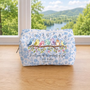 Personalized Quilted Makeup Pouch Floral Bird Bible Verse Travel Toiletry Bag