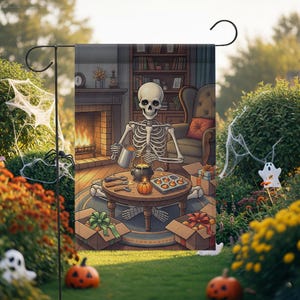 Bandera de jardín de esqueleto de Halloween: decoración otoñal espeluznante, poliéster resistente a la intemperie