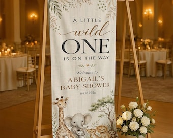 Personalisierter Safari-Babyparty-Wandteppich: Individuelles Wild One Fabric Banner, Neutrales Willkommensschild