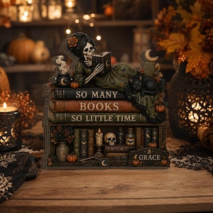 Bloc de bois personnalisé squelette en train de lire, style Dark Academia, étagère à livres, décoration d'Halloween