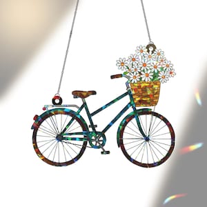 Fiets met hologramornament bloemenmand – vintage fietsraamdecoratie, cadeau voor hondenmoeders die van bloemen en fietsen houden