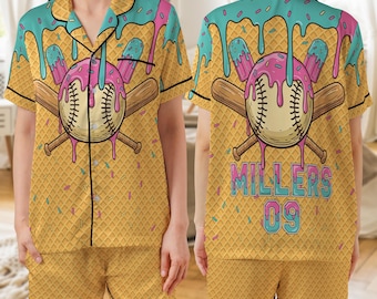 Satin Pajama Set: Sleepwear Short Sleeve Top, Baseball Ice Cream Print