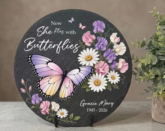 Personalized Butterfly Memorial Stone: Custom Name Garden Plaque She Flies With Butterflies