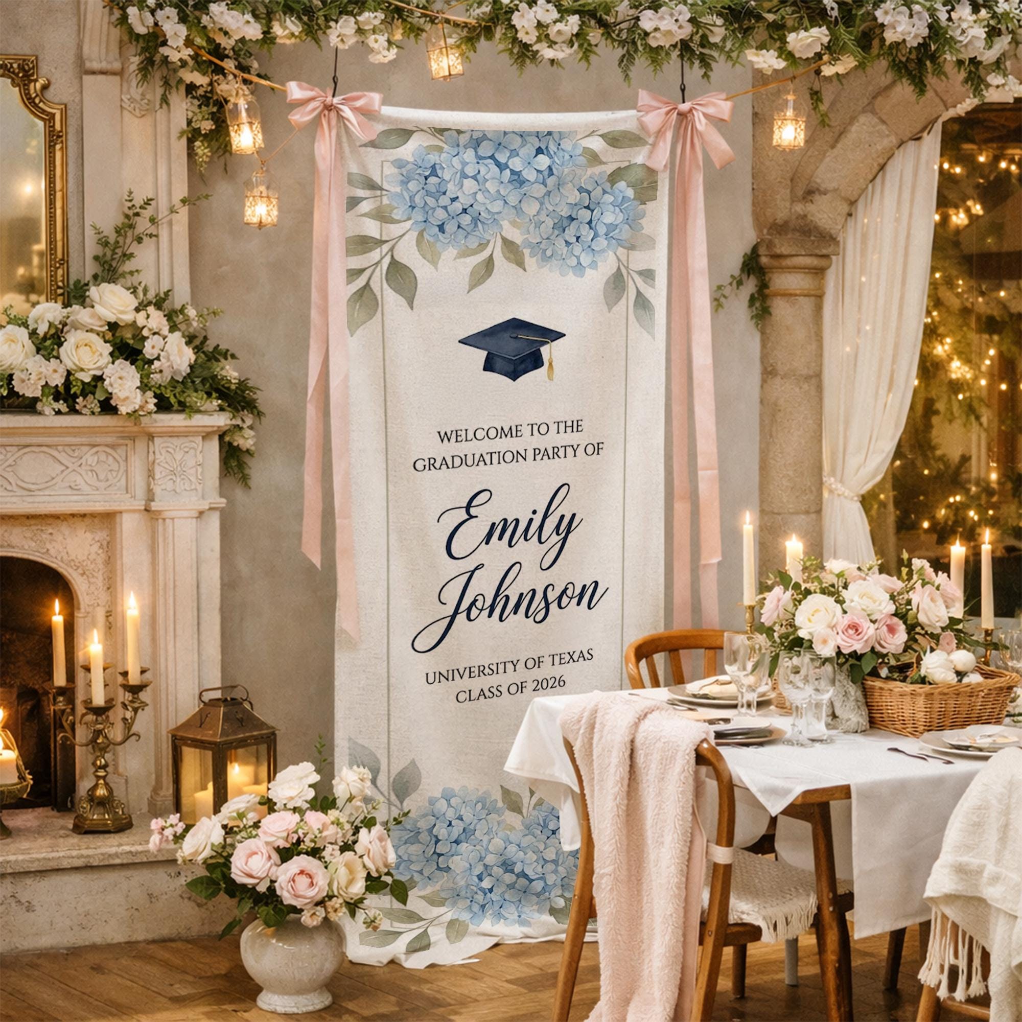 Spring Graduation Linen Personalized Cotton Linen Graduation Tapestry, Custom Blue Hydrangea ...