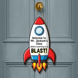 Rocket Classroom Door Sign: Space Theme Teacher Welcome Gift