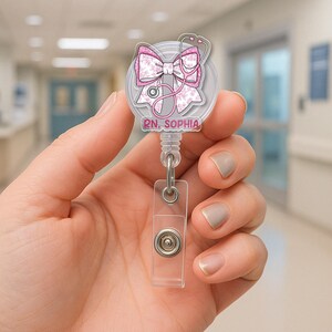 Noeud floral personnalisé de chinoiseries roses, bobine d'insigne d'infirmière autorisée, porte-carte d'identité d'infirmière personnalisé, clip pour insigne rose mignon, cadeau d'infirmière