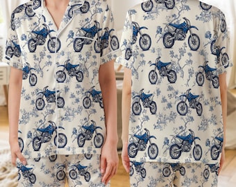 Satin Pajama Set: Sleepwear Short Sleeve & Long Sleeve, Dirt Bike Chinoiserie Print