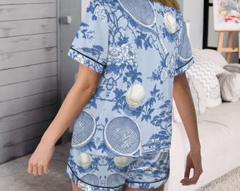 Satin Printed Pajama Set: Tennis Racket Toile Short Sleeve & Long Sleeve Sleepwear