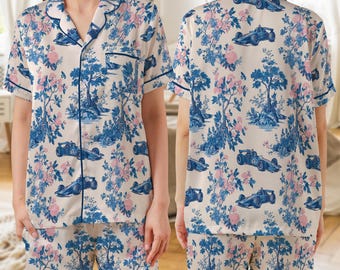 Satin Pajama Set: Sleepwear Short Sleeve Top, Race Car Chinoiserie Print