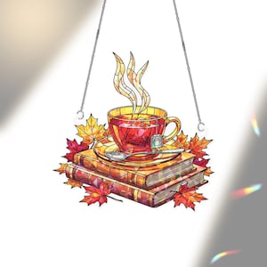 Hologram Stained Glass Suncatcher: Tea, Books & Autumn Leaves