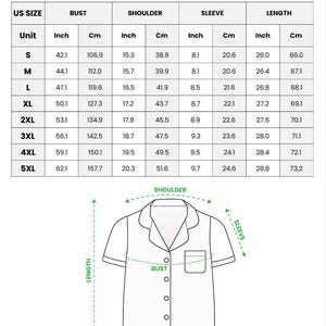 Peut inclure: Tableau des tailles pour un haut de pyjama en satin &agrave; imprim&eacute; int&eacute;gral et &agrave; manches courtes. Les mesures sont en pouces et en centim&egrave;tres pour le buste, les &eacute;paules, les manches et la longueur, de la taille S &agrave; 5XL. Un sch&eacute;ma du haut de pyjama est &eacute;galement inclus.
