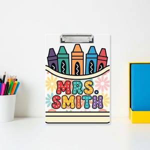 Personalized Teacher Clipboard with Name - Cute Crayon & Flower Design - Back to School Gift for Classroom Organization, Educators Gift