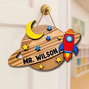 Personalized Space Theme Teacher Door Sign: Rocket Planet Classroom Decor