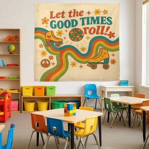 Tapiz para aula "Que pasen los buenos tiempos": decoración de pared con patines retro, póster de profesor genial, decoración divertida de los 70 para la vuelta al cole.
