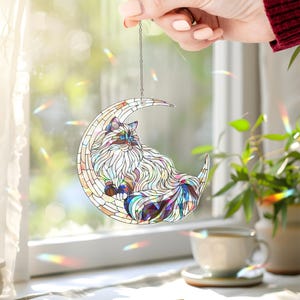 Accrochage de fenêtre en acrylique hologramme chat Ragdoll sur la lune, cadeau pour amoureux des chats, mémorial de chat Ragdoll, cadeau pour amoureux de Ragdoll, cadeau perte de chat, ornement de chat
