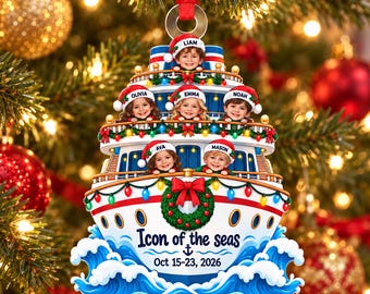 May include: A cruise ship ornament featuring seven children wearing Santa hats, each labelled with names Liam, Olivia, Emma, Noah, Ava, and Mason. The ship displays the text Icon of the seas and Oct 15-23, 2026, decorated with a green wreath and colourful lights.
