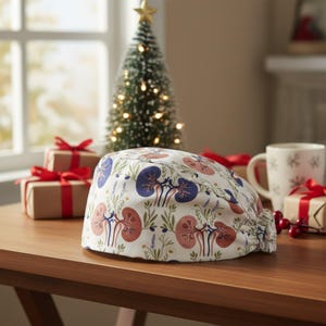 May include: A white scrub cap featuring a repeating pattern of anatomical kidney illustrations in shades of pink and blue, interspersed with green botanical sprigs, lavender stalks, and small white flowers, finished with an elasticized back.