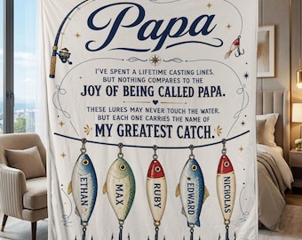 Personalized Papa Fishing Blanket: Custom Lure Grandkid Names Throw
