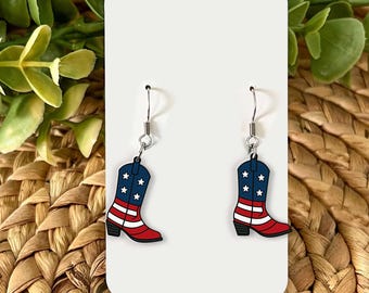 Patriotic Cowboy Boot Earrings, USA Western Jewelry, 4th of July Earrings, American Flag Boots, Country Girl Gift, Rodeo Style