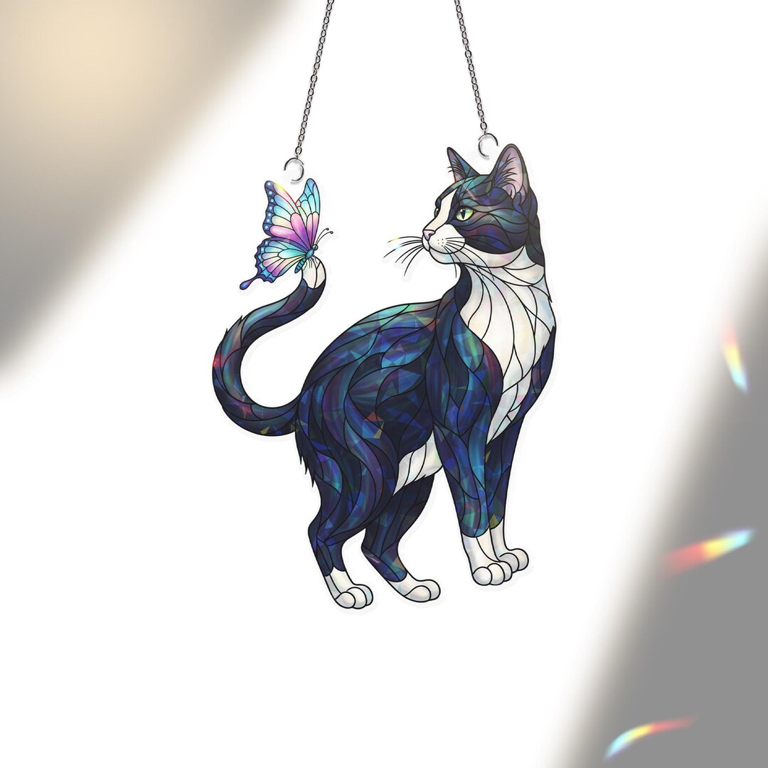 Tuxedo Cat and Butterfly Suncatcher – Holographic Stained Glass Window ...