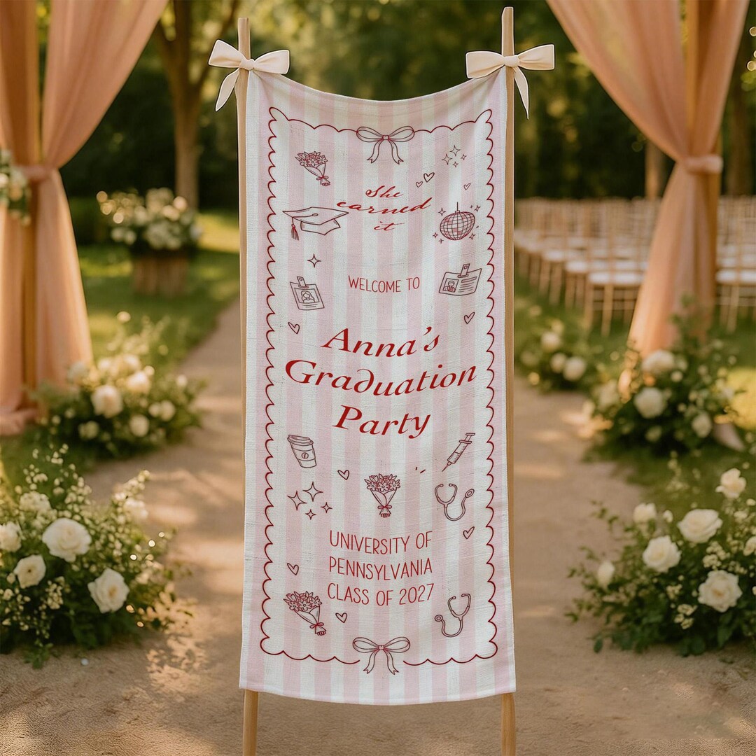 Spring Graduation Linen Personalized Cotton Linen Graduation Tapestry, Pink Striped University ...