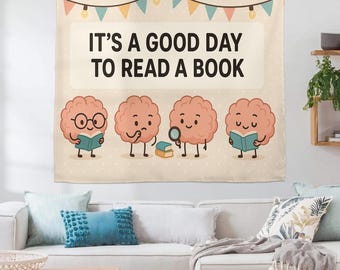 It’s a Good Day to Read a Book Tapestry | Cute Brain Reading Banner | Classroom Library Wall Decor | Teacher Literacy Poster Art