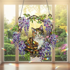 Calico Cat Hologram Window Hanging: Floral Rainbow Catcher