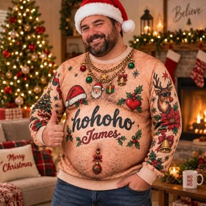 Personlig ful jultröja med hårig bröstkorg, pappakropp, falsk tatuering, nyhet, jultröja