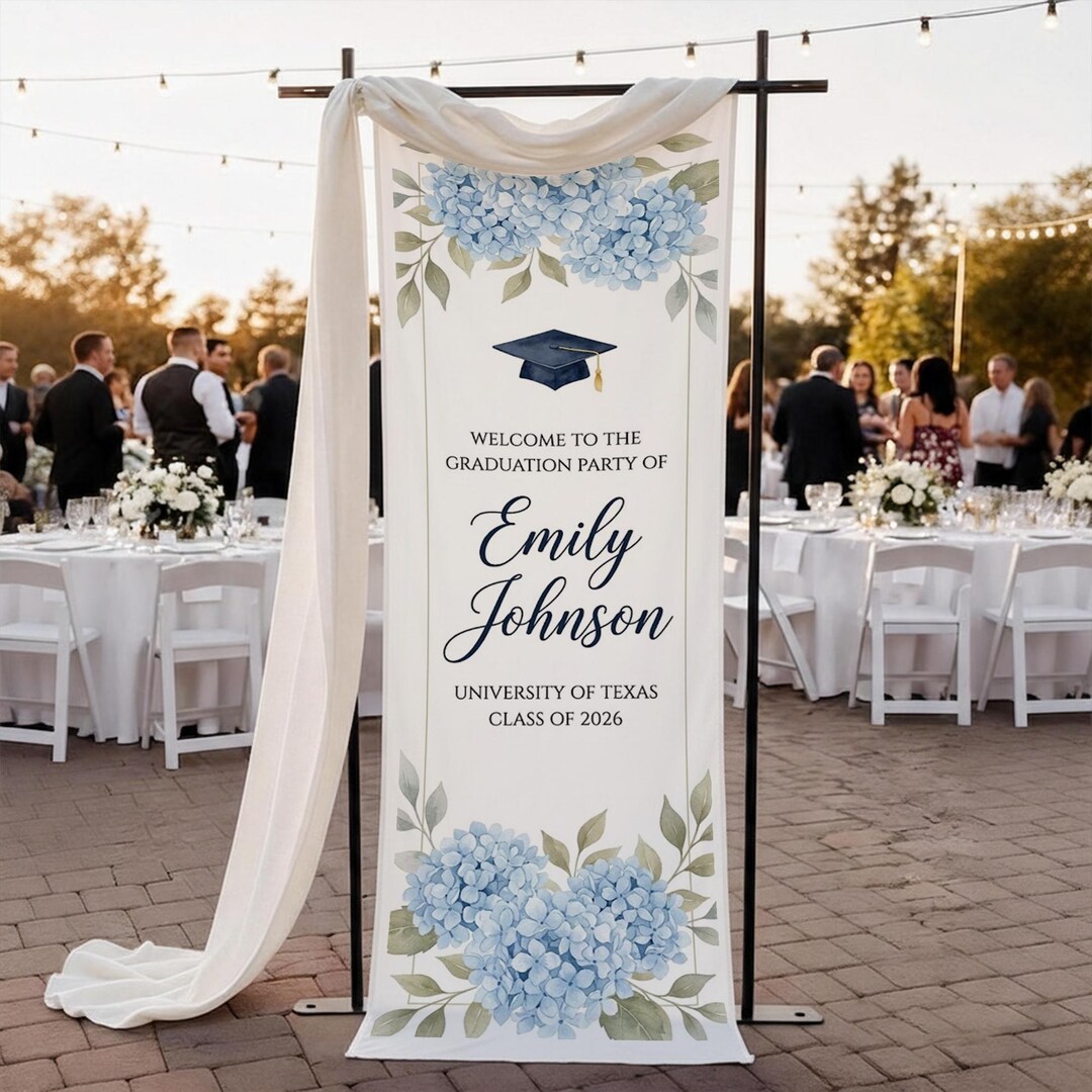 Spring Graduation Linen Personalized Cotton Linen Graduation Tapestry, Custom Blue Hydrangea ...