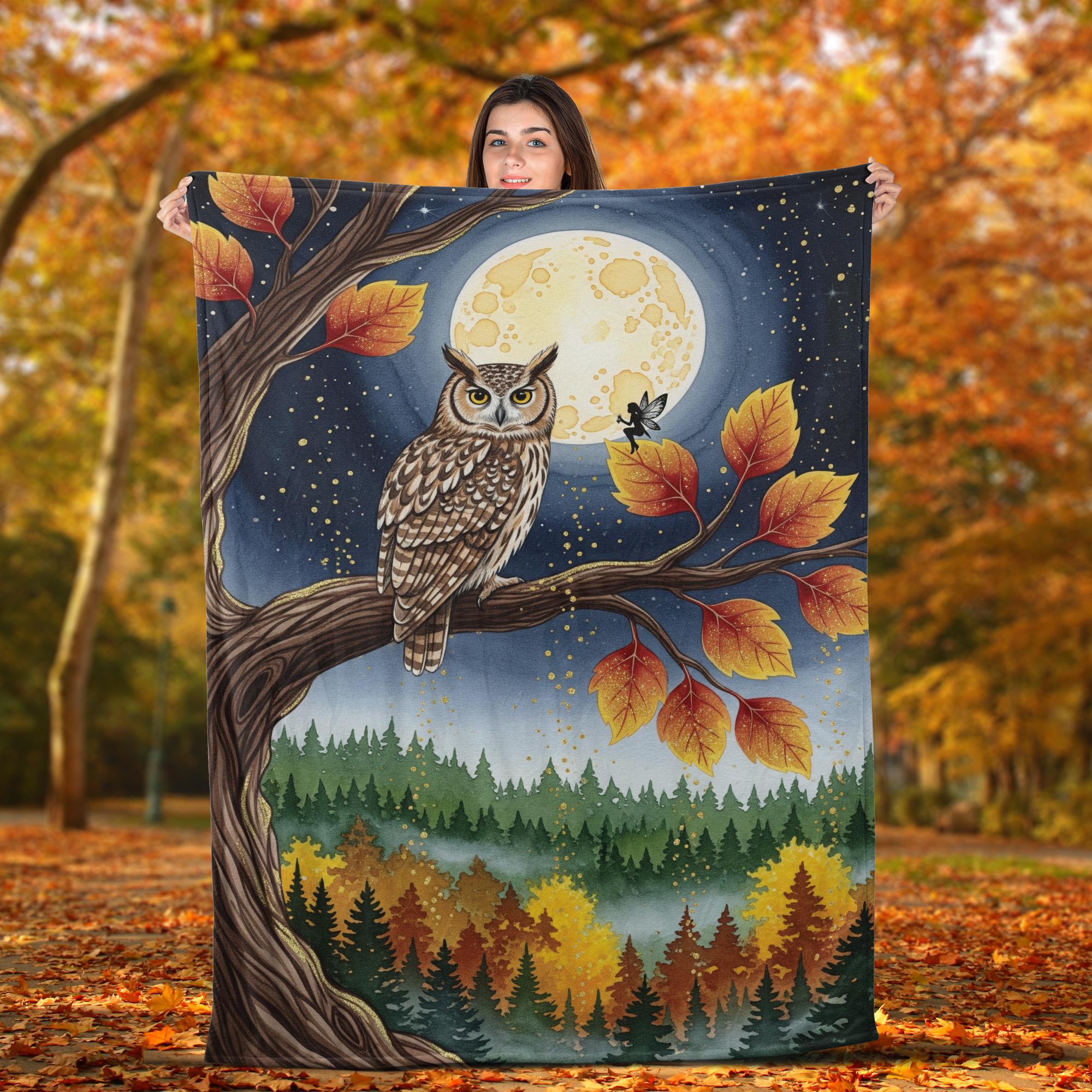 Owl Fleece Blanket: Cozy Autumn Forest Throw, Soft Woodland Design