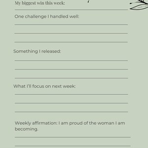 May include: A weekly reflection journal page with prompts for self-reflection. The page is light green with black text and a decorative floral element. Prompts include weekly wins, challenges, and affirmations. The text reads "Week 2 &bull; Weekly Reflection."