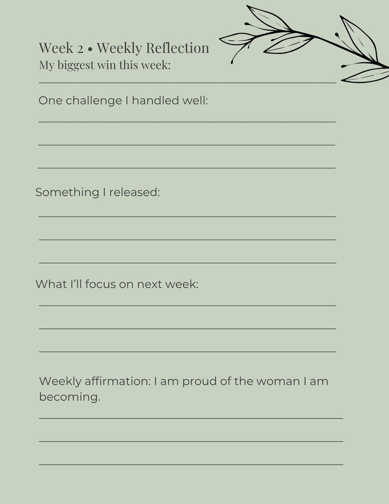 May include: A weekly reflection journal page with prompts for self-reflection. The page is light green with black text and a decorative floral element. Prompts include weekly wins, challenges, and affirmations. The text reads "Week 2 &bull; Weekly Reflection."