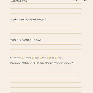 May include: A journal page with prompts for reflection. The top of the page reads "Day 29 - Evening" and includes prompts such as "Grateful For:" and "How I Took Care of Myself:." A floral illustration is in the upper right corner.