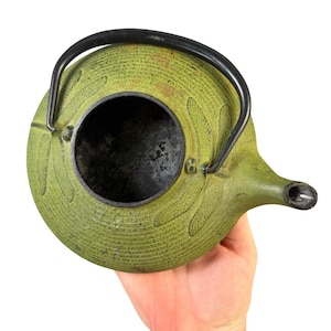 May include: A round, lime green cast iron teapot featuring a textured surface with embossed dragonfly wing patterns. The teapot has a black metal swing handle and a short spout, with a dark, circular opening at the top for a lid.