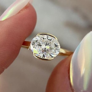 East West Moissanite Oval Ring Oval Cut Moissanite Ring 2.00 Ct Half Bezel Wedding Ring Yellow Gold Diamond Ring Engagement Ring Women