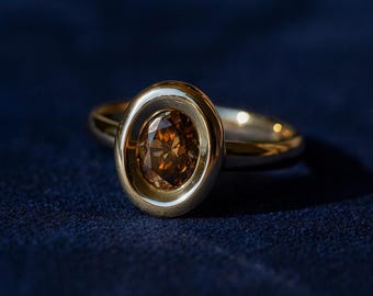 Oval Cut Solid Gold 14K Diamond Ring - Champagne Moissanite solitare Ring - Diamond Jewelry Anniversary Gift For Her- Lab Grown Ethical Diam