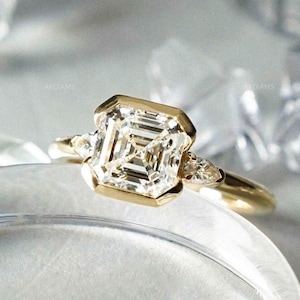 Asscher Cut Lab Grown Diamond Engagement Ring: Bezel Set Yellow Gold