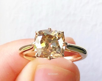 Cushion Champagne Moissanite Ring - Champagne Diamond Wedding Ring - Solitaire Wedding Ring 2.00 Ctw - Old Mine Cut Moissanite Ring Gift