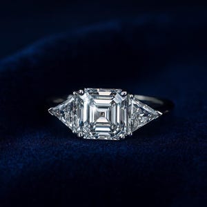 Asscher Cut Labradorit Diamant Ring - 14K Gold Diamant Schmuck - Dreistein Art Deco Labradorit Diamant - Weißgold Diamant Verlobungsring